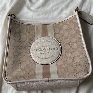 Coach Beige Signature Canvas Shoulder Bag with Leather Trim